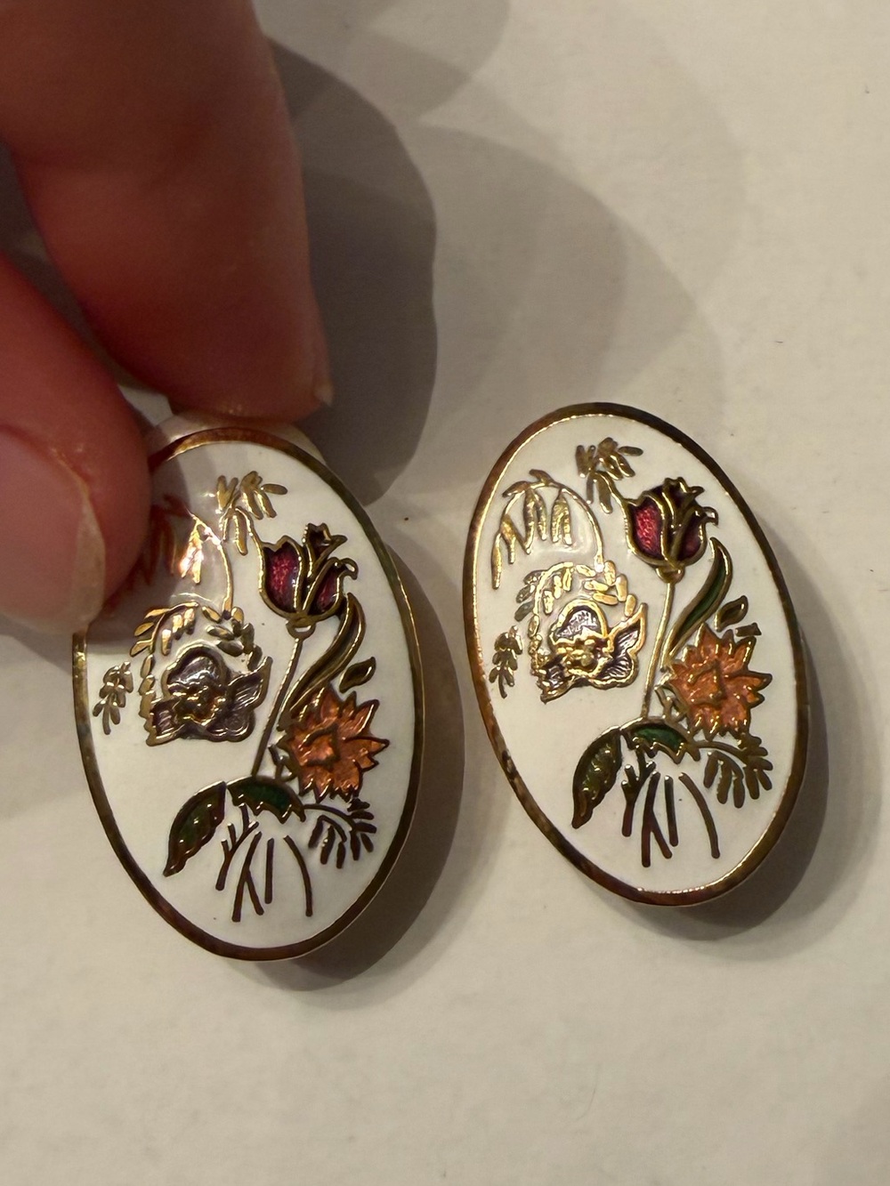 Vintage Floral Enamel Oval Clip-On Earrings White, Gold, Pink & Orange flowers